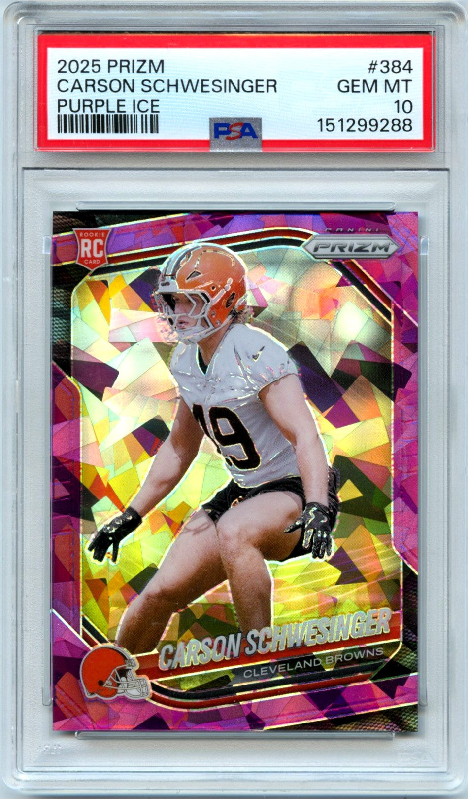 Carson Schwesinger RC 2025 Panini Prizm Purple Ice Rookie SP 178/225 PSA 10