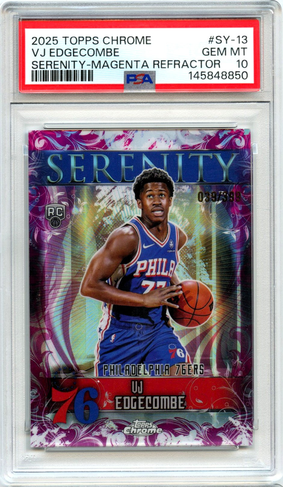 Vj Edgecombe RC 2025-26 Topps Chrome Magenta Serenity Rookie SP 39/399 PSA 10