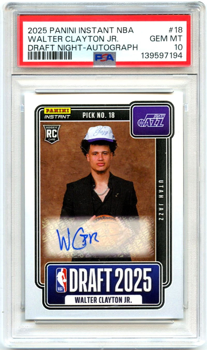 Walter Clayton RC 2025 Panini Instant NBA Draft Night Rookie Auto PSA 10-1