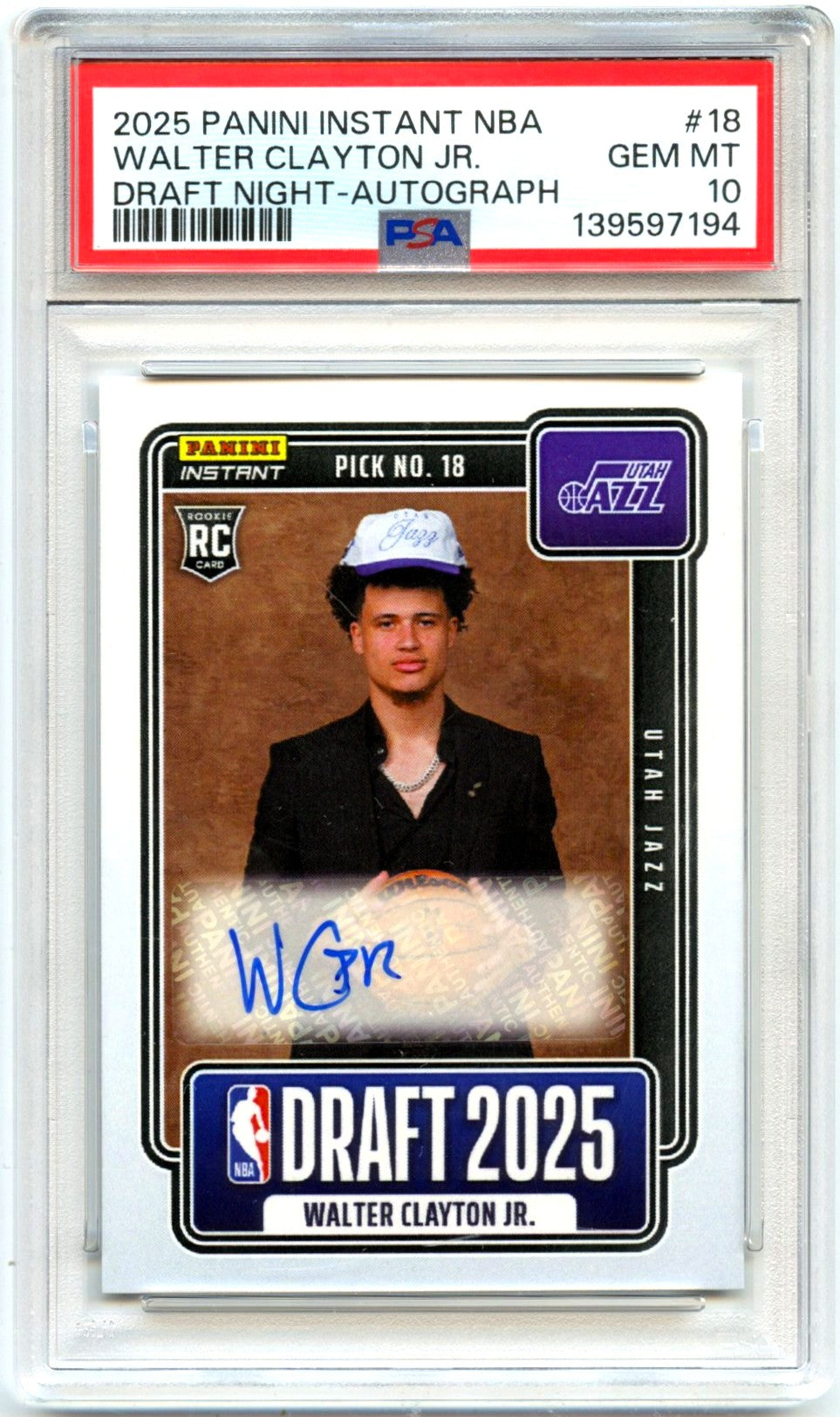 Walter Clayton RC 2025 Panini Instant NBA Draft Night Rookie Auto PSA 10