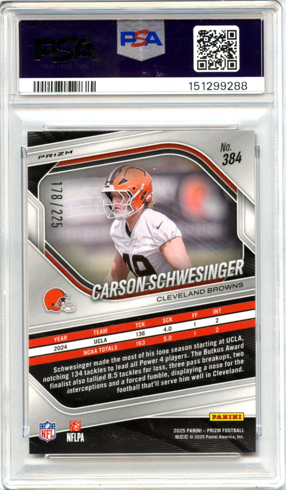 Carson Schwesinger RC 2025 Panini Prizm Purple Ice Rookie SP 178/225 PSA 10