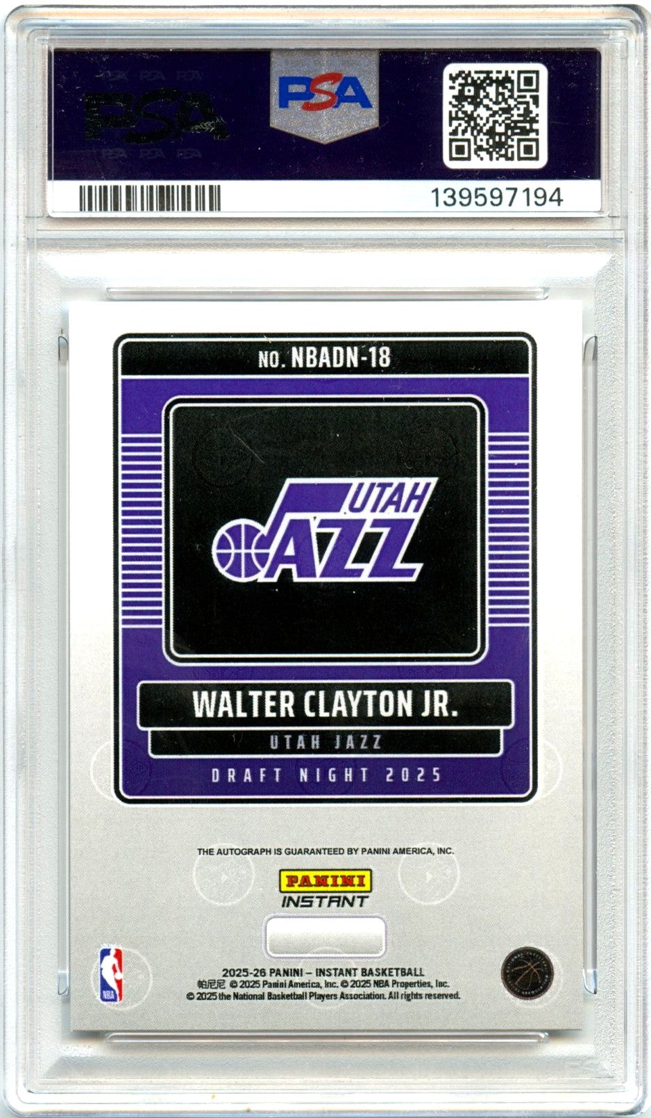 Walter Clayton RC 2025 Panini Instant NBA Draft Night Rookie Auto PSA 10-2