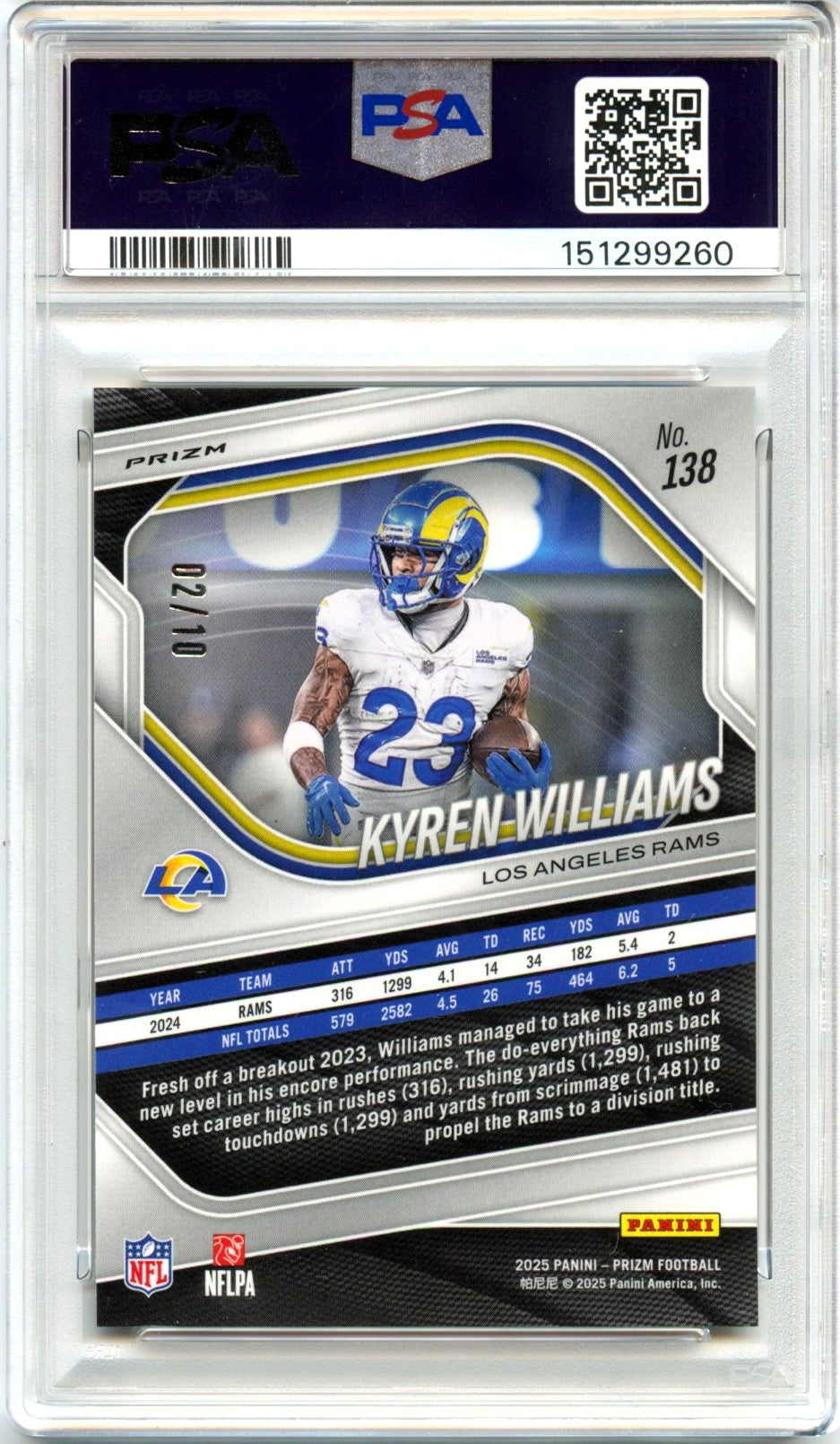 Kyren Williams 2025 Panini Prizm Gold Choice SP 2/10 PSA 10