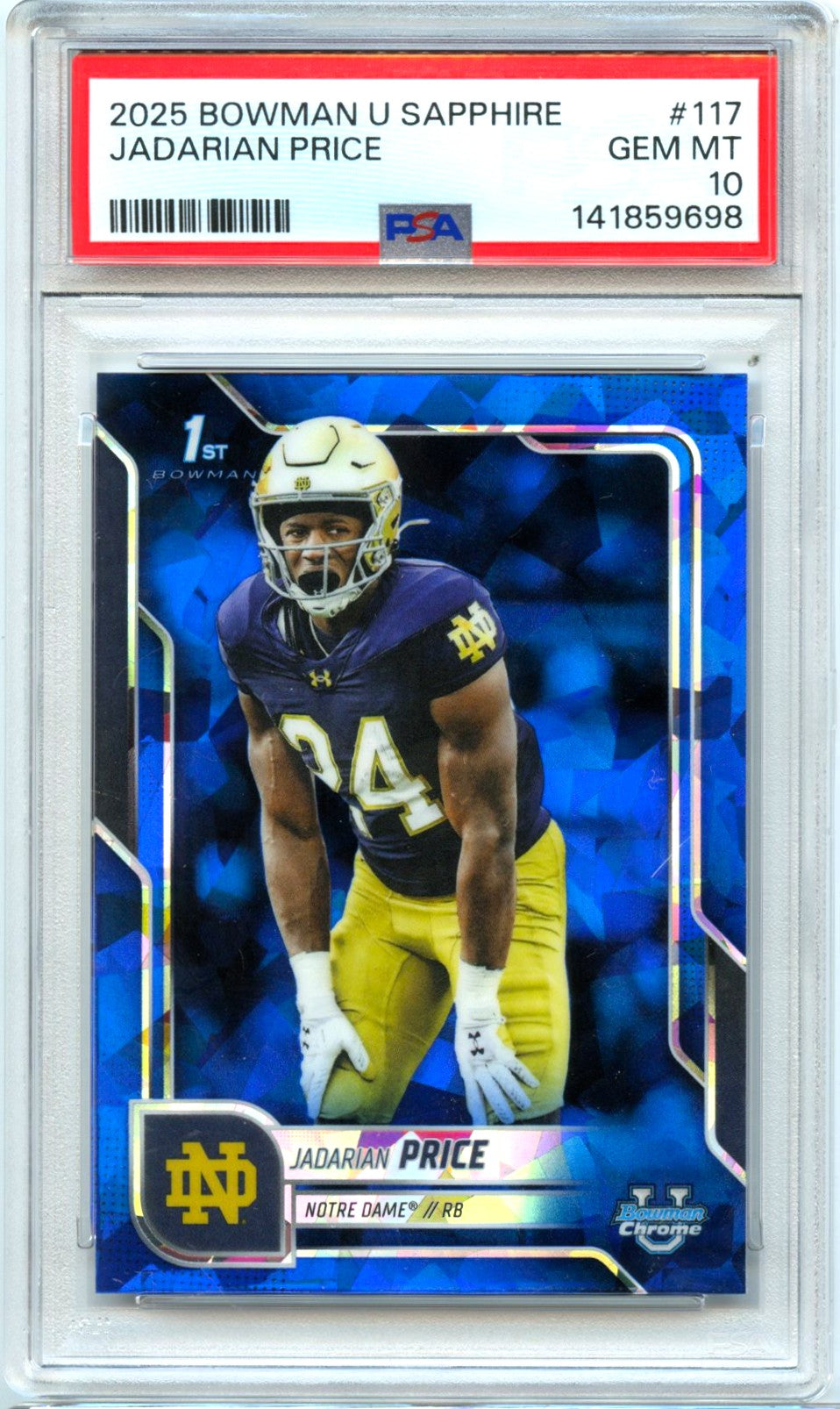 Jadarian Price RC 2025 Bowman U Chrome Sapphire Rookie #117 PSA 10-1