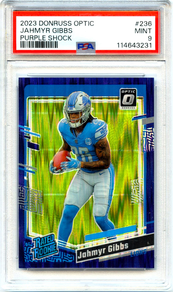 Product Jahmyr Gibbs RC 2023 Donruss Optic Purple Shock Rated Rookie #236 PSA 9 Link