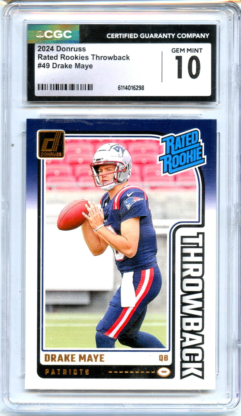 Drake Maye RC 2024 Donruss Throwback Rated Rookie #49 CGC 10-1