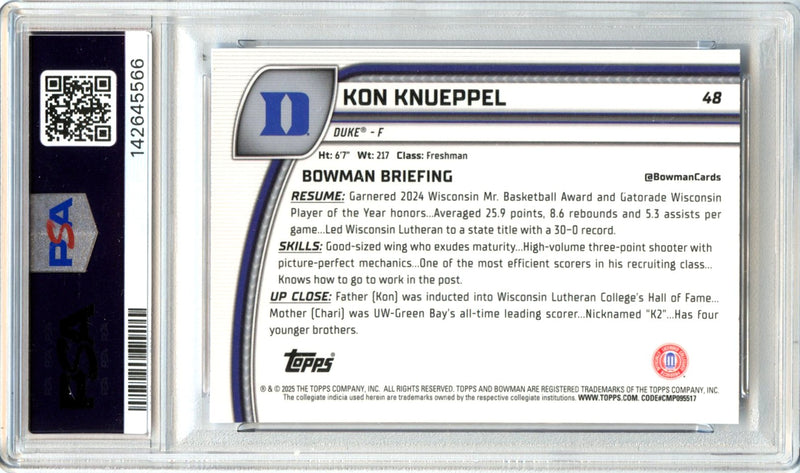 Kon Knueppel RC 2024-25 Bowman U Chrome Sapphire Rookie #48 PSA 10-2