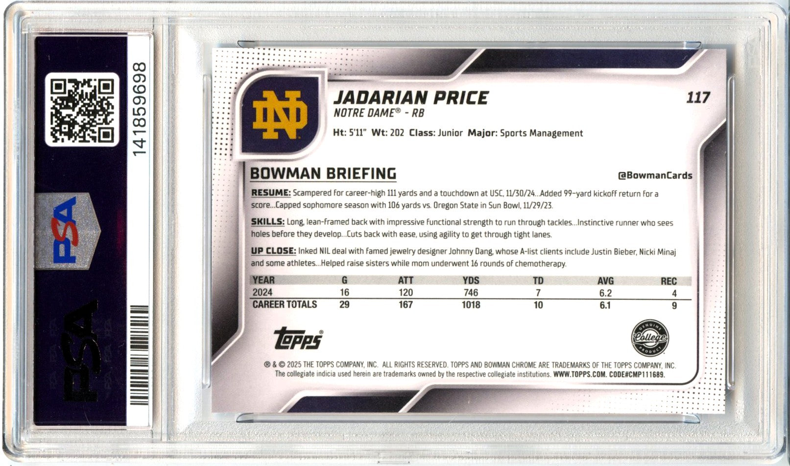 Jadarian Price RC 2025 Bowman U Chrome Sapphire Rookie #117 PSA 10-2