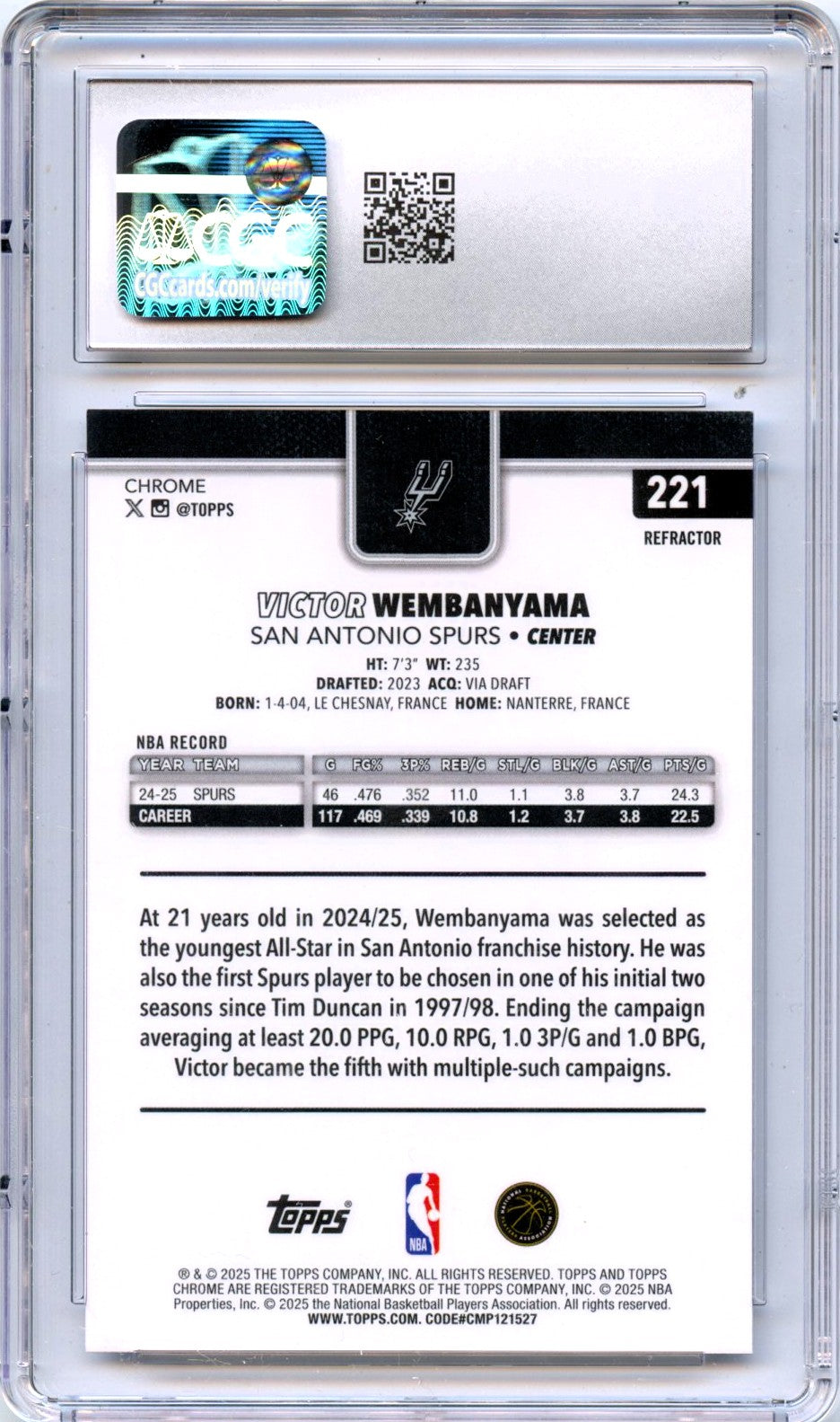 Victor Wembanyama 2025-26 Topps Chrome Refractor #221 CGC 10