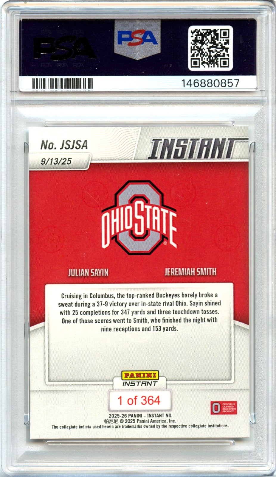 Julian Sayin Jeremiah Smith 2025 Panini Instant NIL Rookie PSA 10