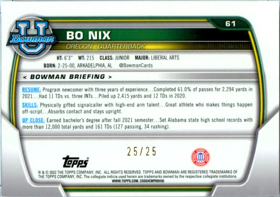 Bo Nix RC 2022 Bowman U Chrome Orange Refractor Rookie SP 25/25