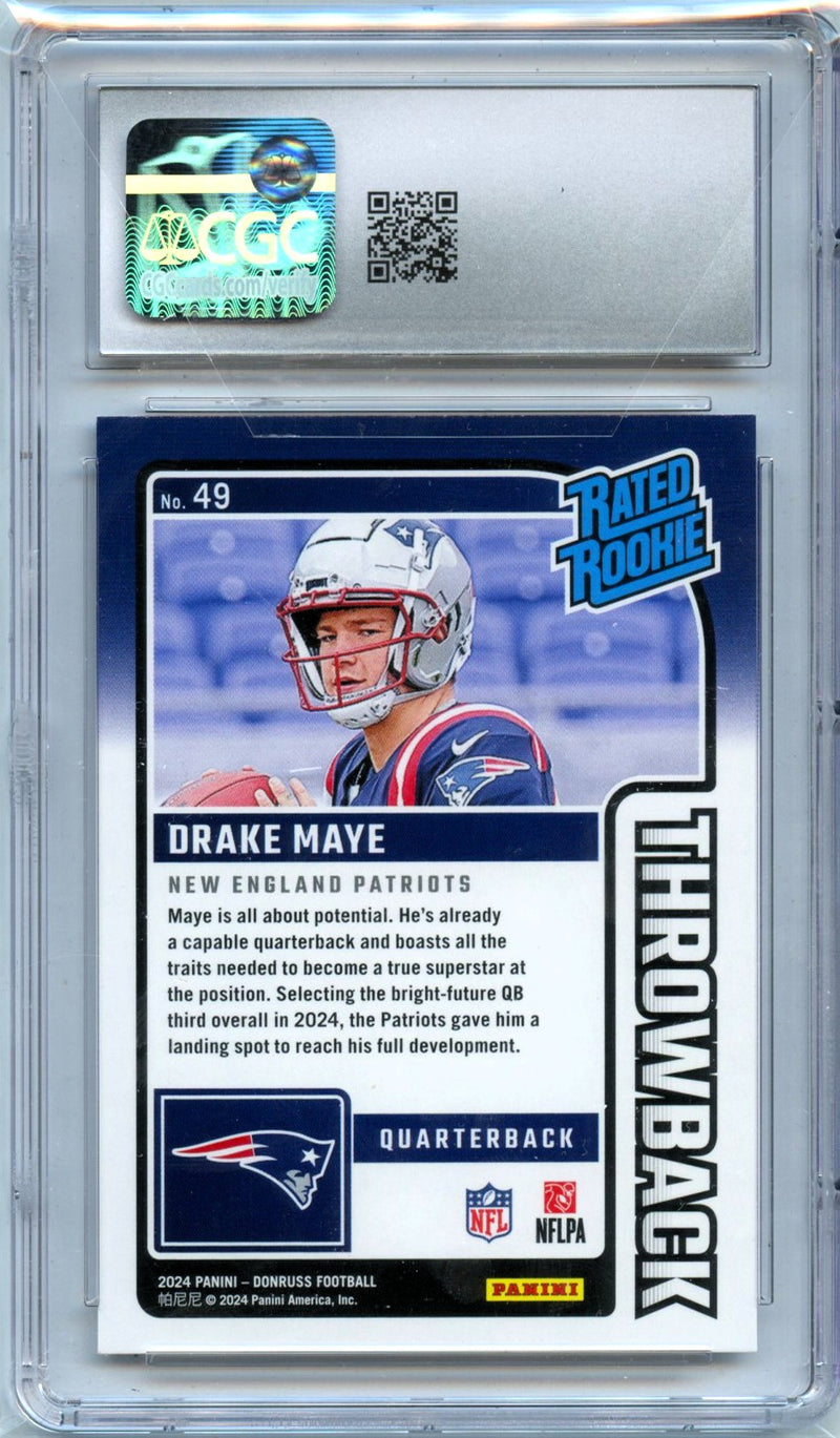 Drake Maye RC 2024 Donruss Throwback Rated Rookie #49 CGC 10-2