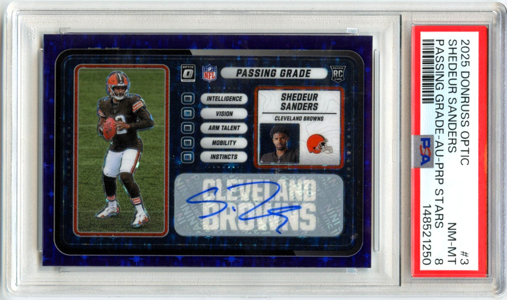 Shedeur Sanders RC 2025 Donruss Optic Purple Stars Passing Grade Rookie Auto SP 22/25 PSA 8