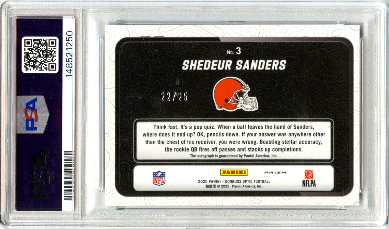 Shedeur Sanders RC 2025 Donruss Optic Purple Stars Passing Grade Rookie Auto SP 22/25 PSA 8