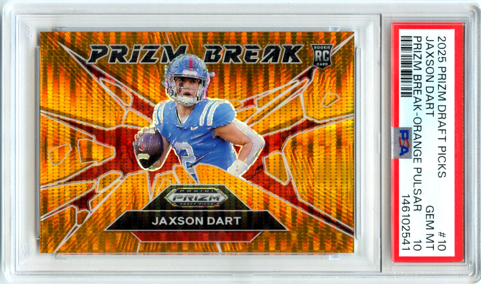 Jaxson Dart RC 2025 Panini Prizm Orange Pulsar Prizm Break Rookie SP 14/75 PSA 10