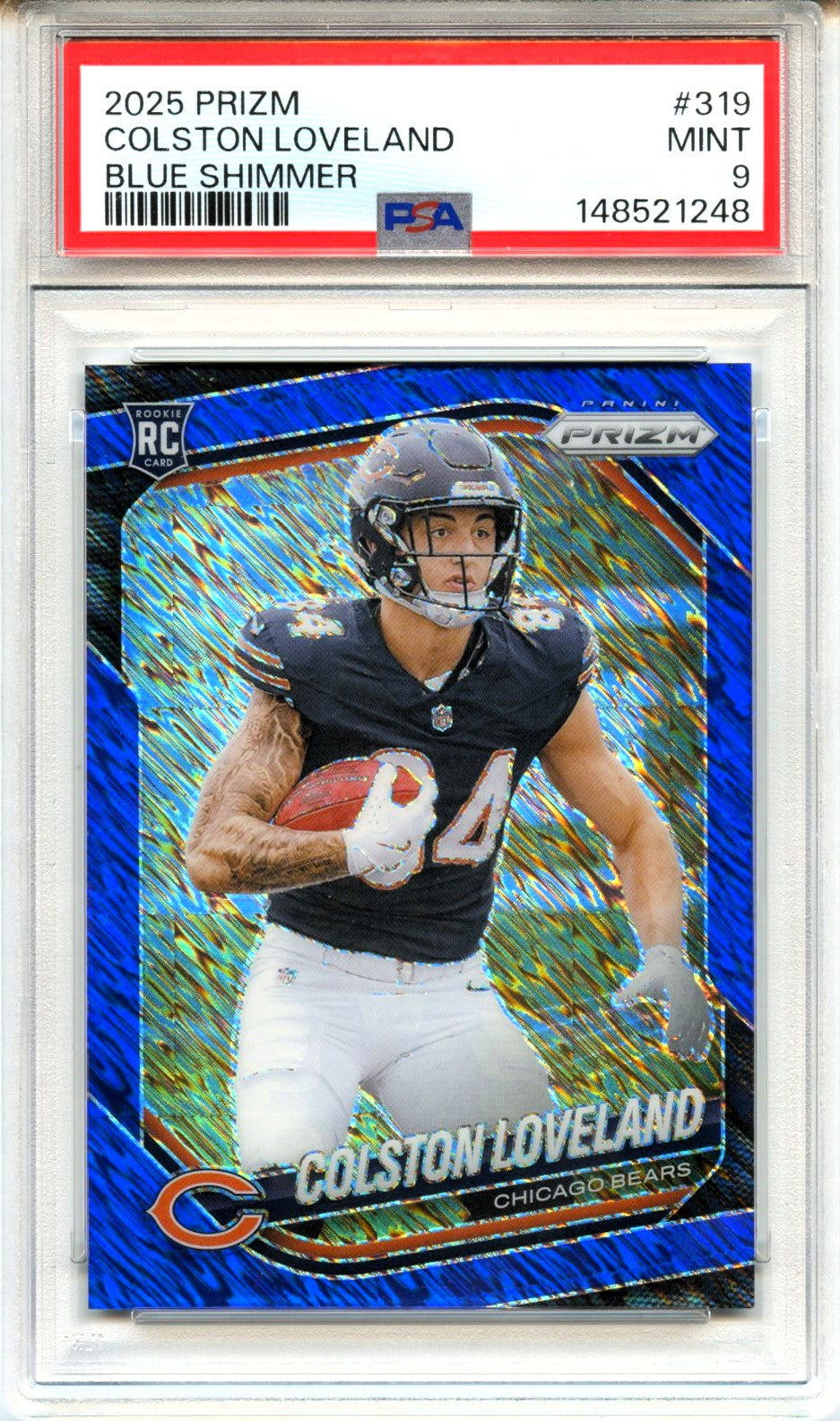 Colston Loveland RC 2025 Panini Prizm Blue Shimmer Rookie SP 8/35 PSA 9