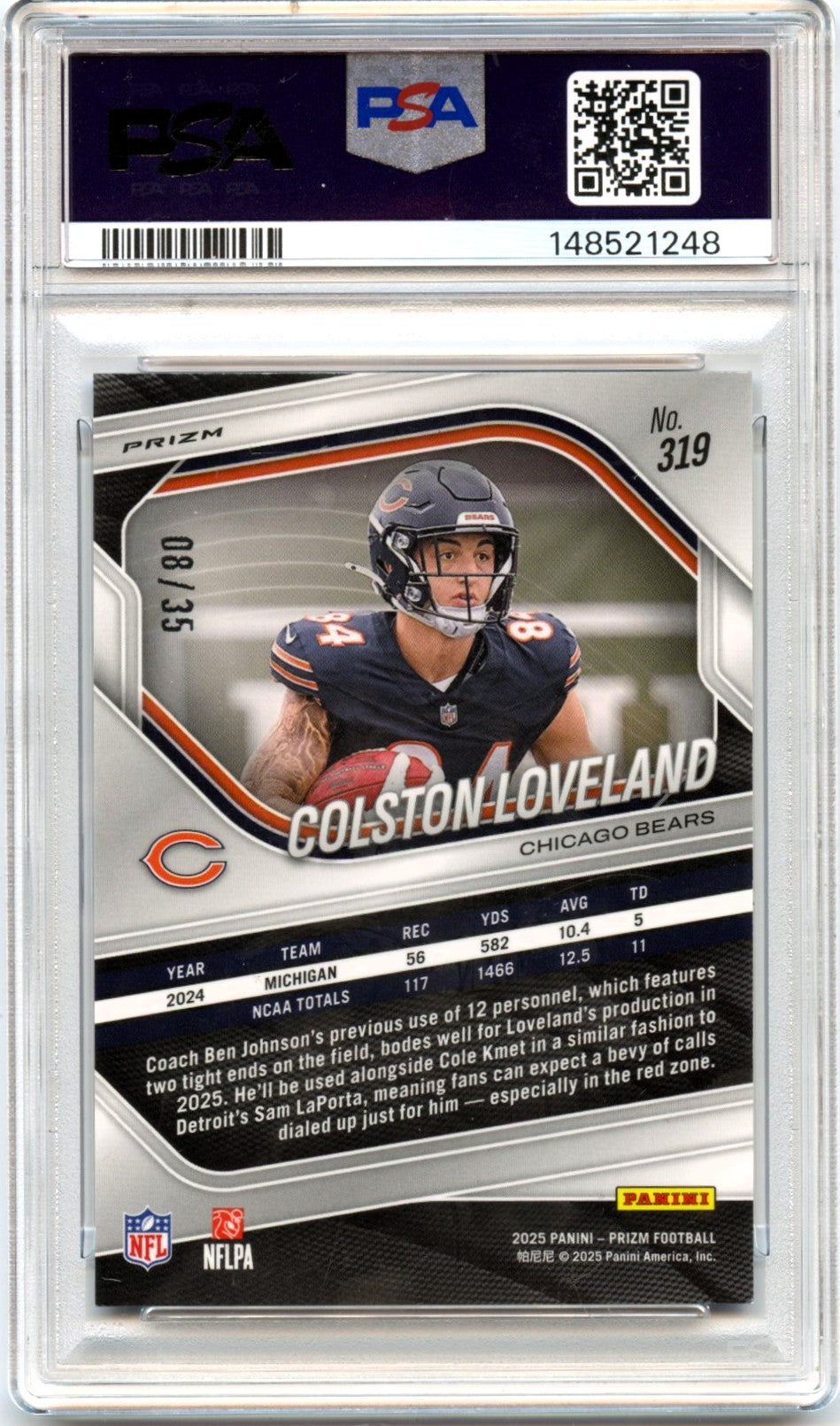 Colston Loveland RC 2025 Panini Prizm Blue Shimmer Rookie SP 8/35 PSA 9