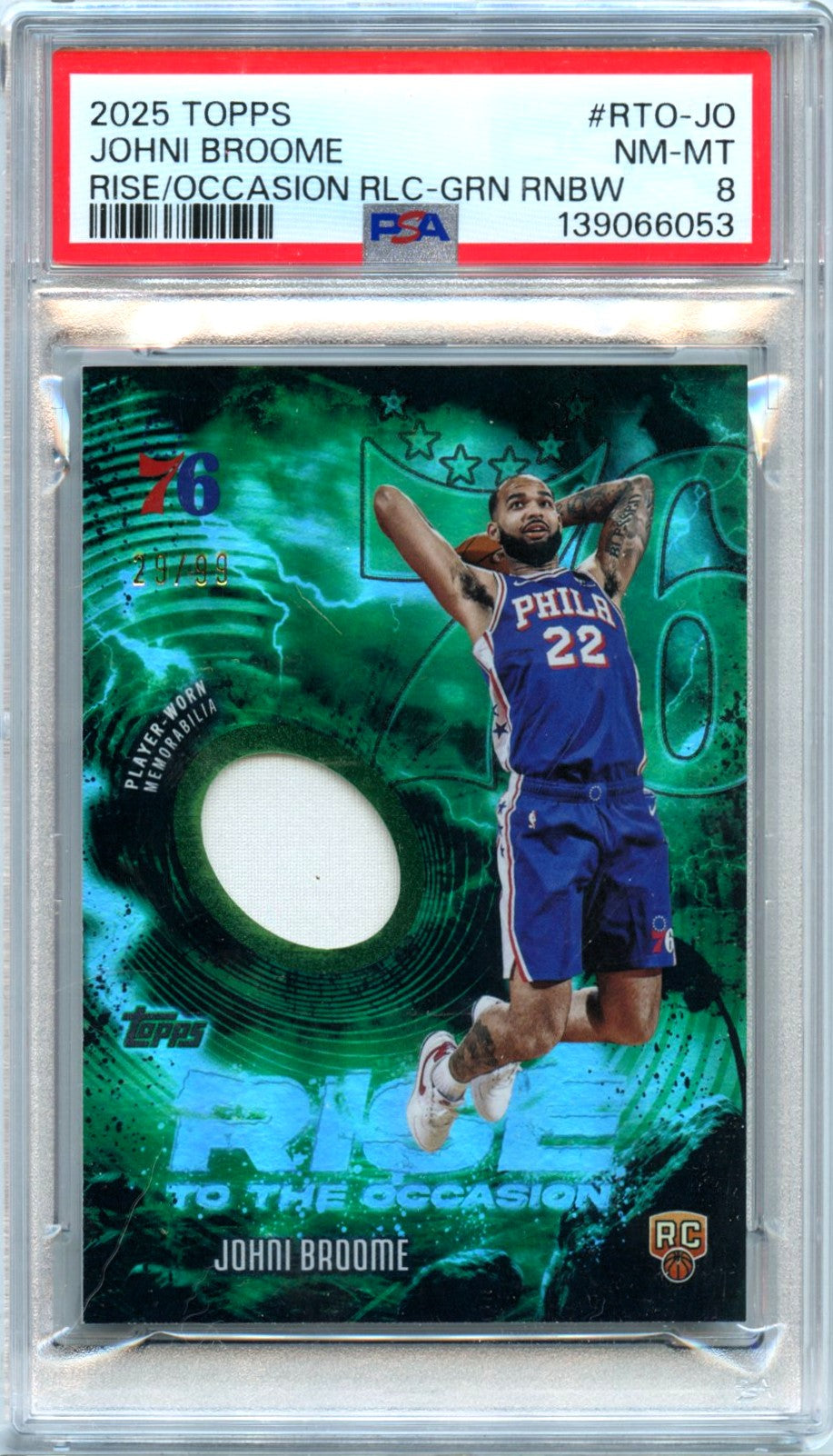 Johni Broome RC 2025-26 Topps Green Rookie Rise To The Occasion Patch SP 29/99 PSA 8