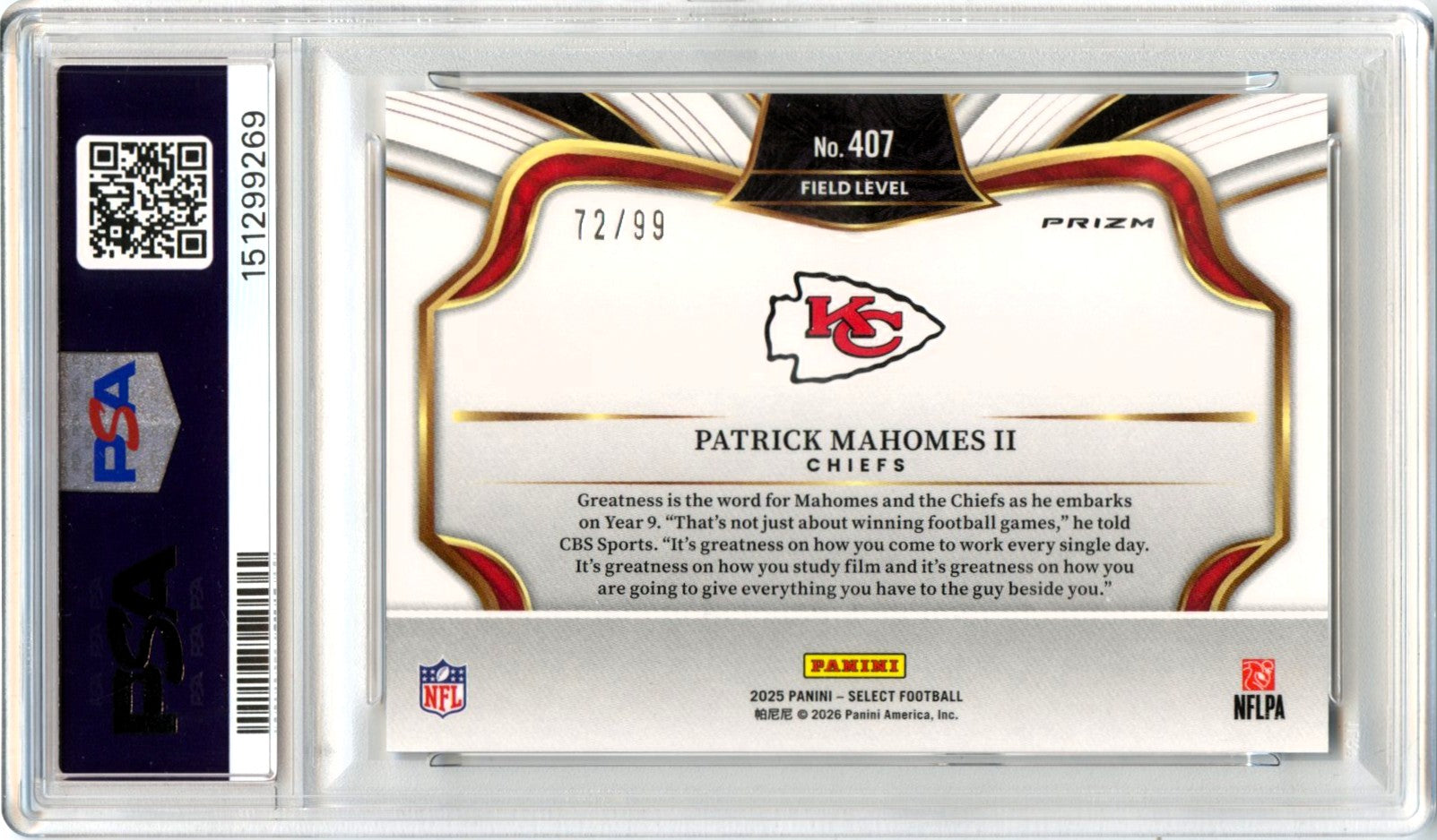 Patrick Mahomes II 2025 Panini Select Field Level Tri-Color Prizm SP 72/99 PSA 10