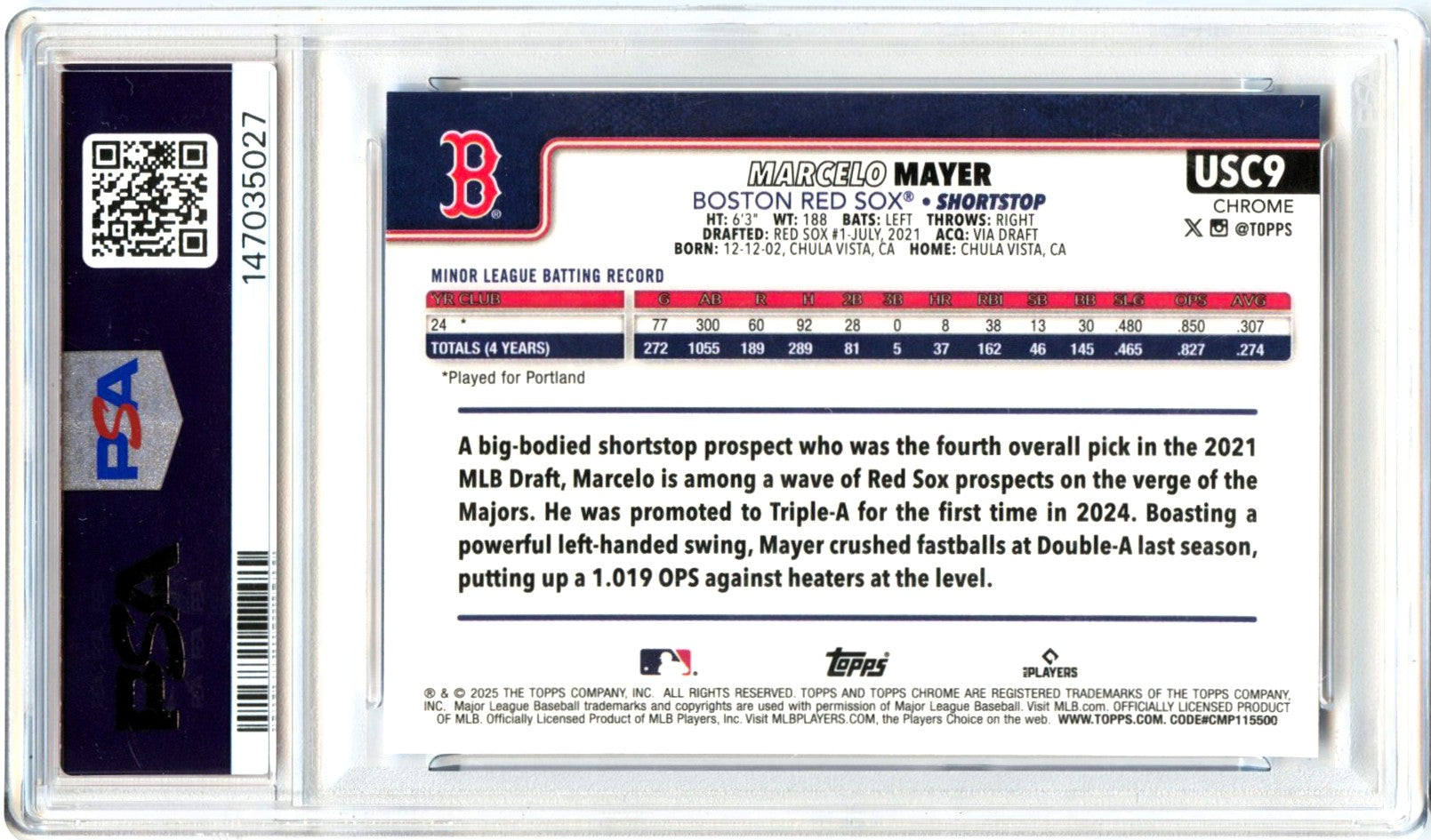 Marcelo Mayer RC 2025 Topps Chrome Sapphire Rookie #9 PSA 10-2
