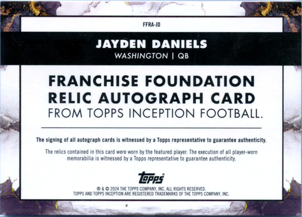 Jayden Daniels RC 2024 Topps Inception Purple Dual Rookie Patch Auto SP 9/63-2