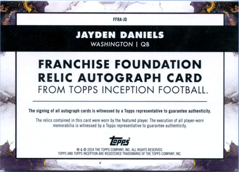 Jayden Daniels RC 2024 Topps Inception Purple Dual Rookie Patch Auto SP 9/63-2