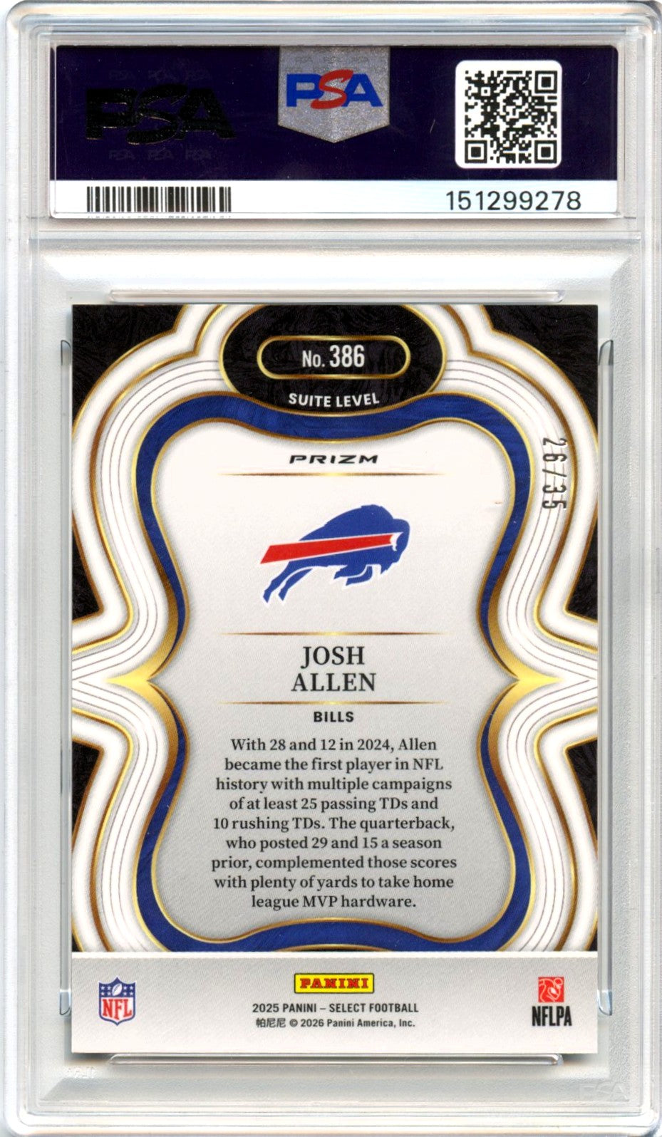 Josh Allen 2025 Panini Select Suite Level White Prizm SP 26/35 PSA 10