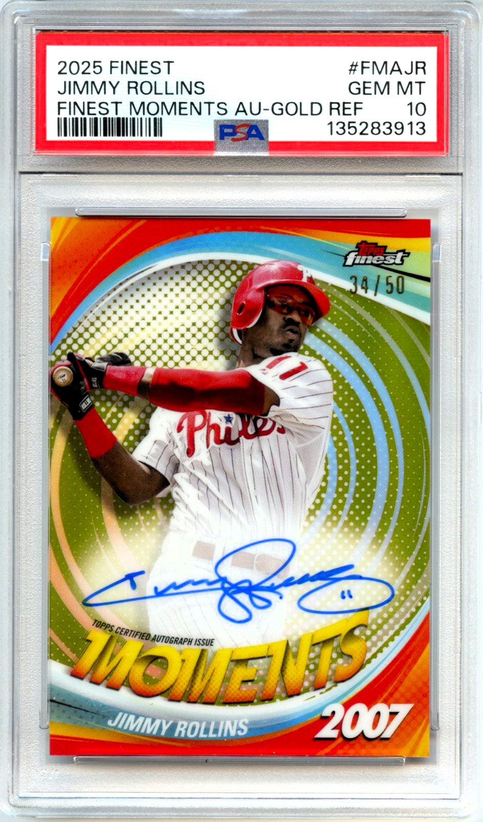 Jimmy Rollins 2025 Topps Finest Gold Finest Moments Auto SP 34/50 PSA 10