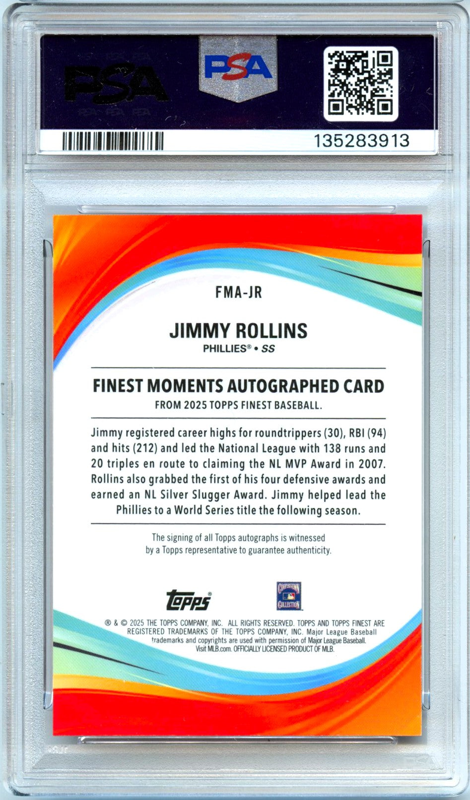 Jimmy Rollins 2025 Topps Finest Gold Finest Moments Auto SP 34/50 PSA 10