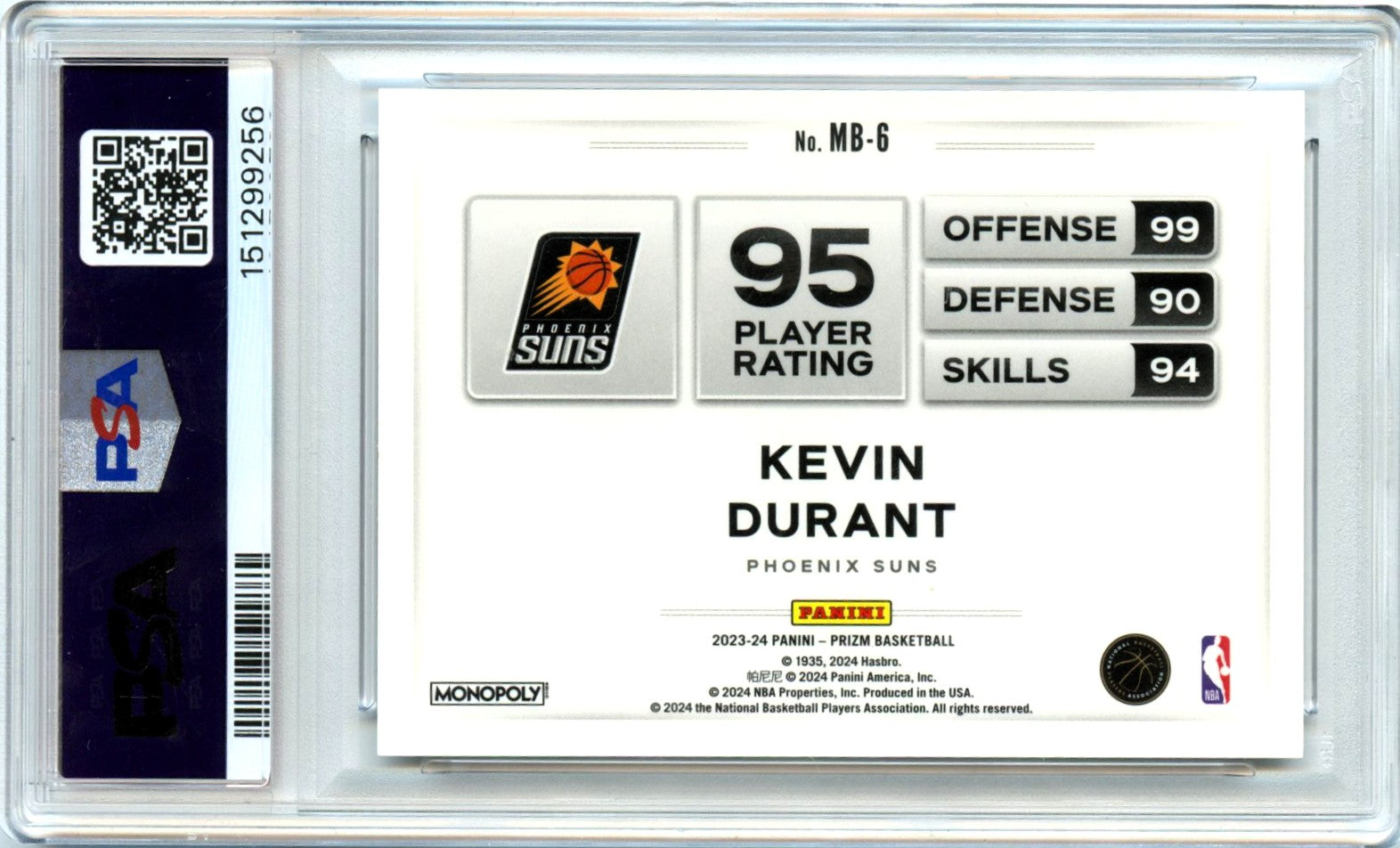Kevin Durant 2023-24 Panini Prizm Monopoly Color Blast SSP PSA 10