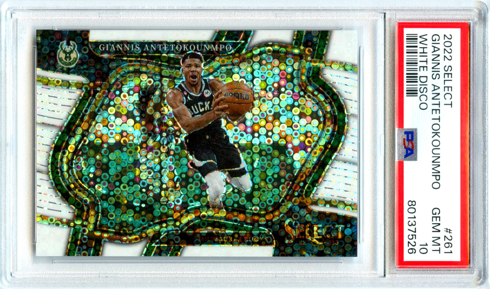 Giannis Antetokounmpo 2022-23 Panini Select Courtside White Disco Prizm SP 20/75 PSA 10