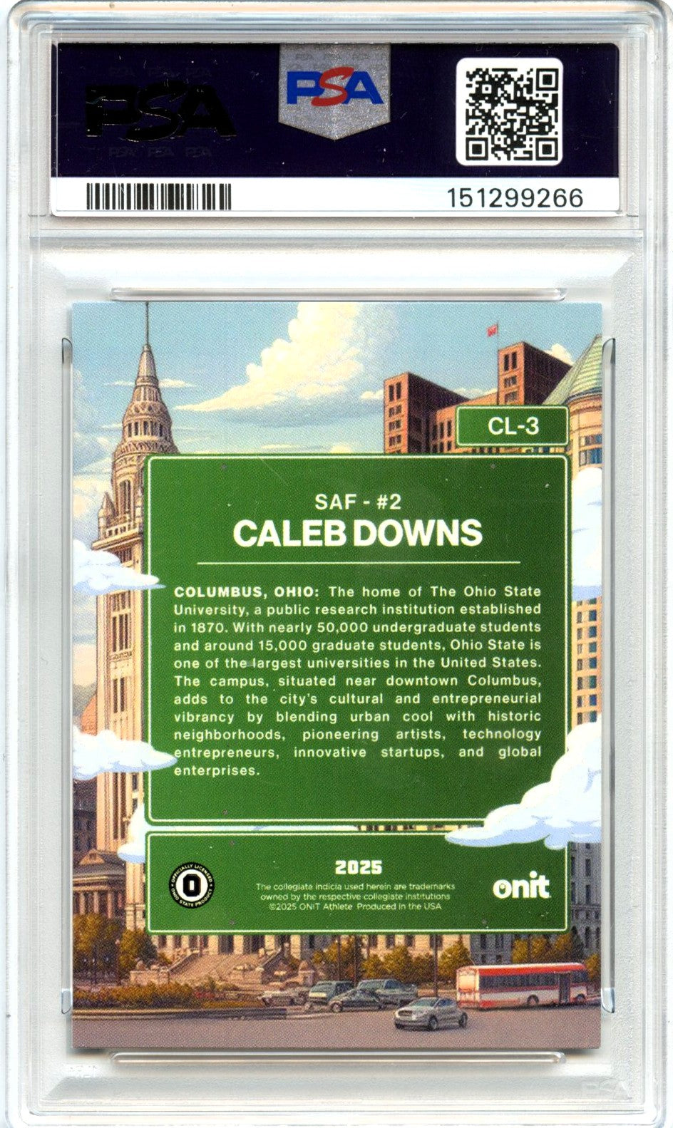 Caleb Downs RC 2025 Onit Athlete Ohio State City Limits Rookie PSA 10