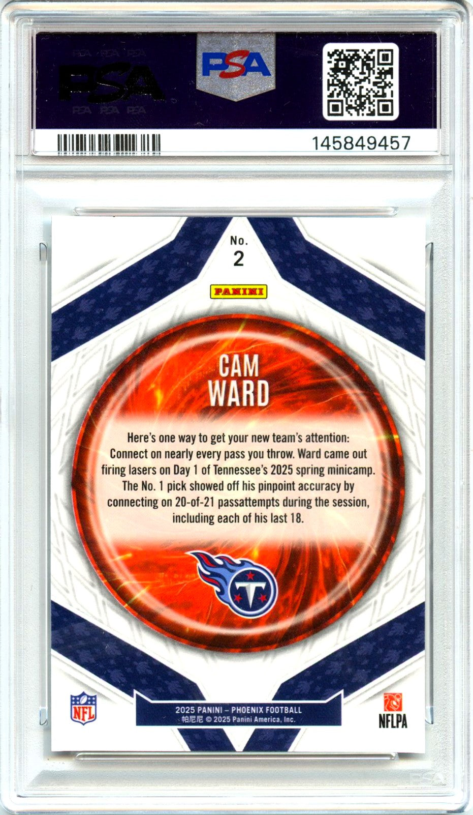 Cam Ward RC 2025 Panini Phoenix Paragon Rookie #2 PSA 10-2