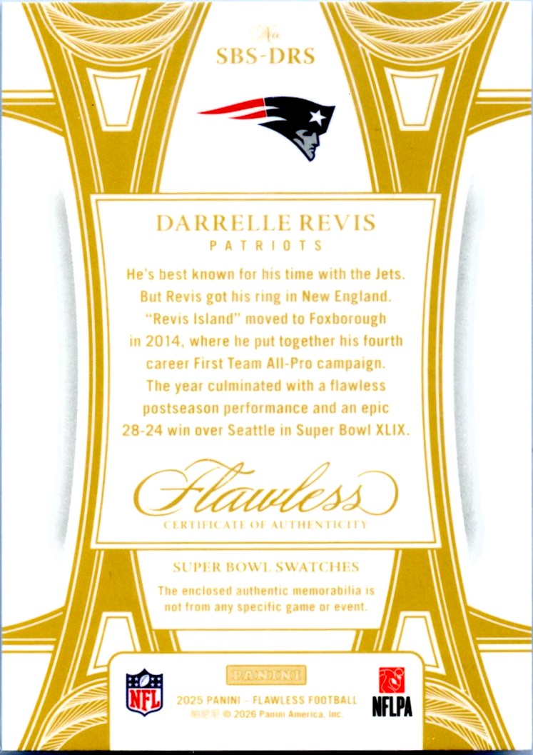 Darrelle Revis 2025 Flawless Holo Silver Super Bowl Swatches Jersey Patch SP 13/20-2