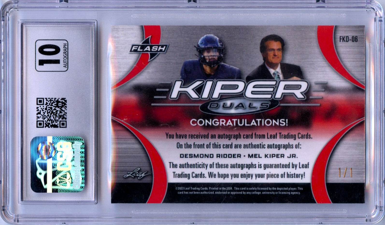 Desmond Ridder Mel Kiper Jr 2022 Leaf Flash Red White Blue Scope Dual Auto SP 1/1 CGC 9.5-2