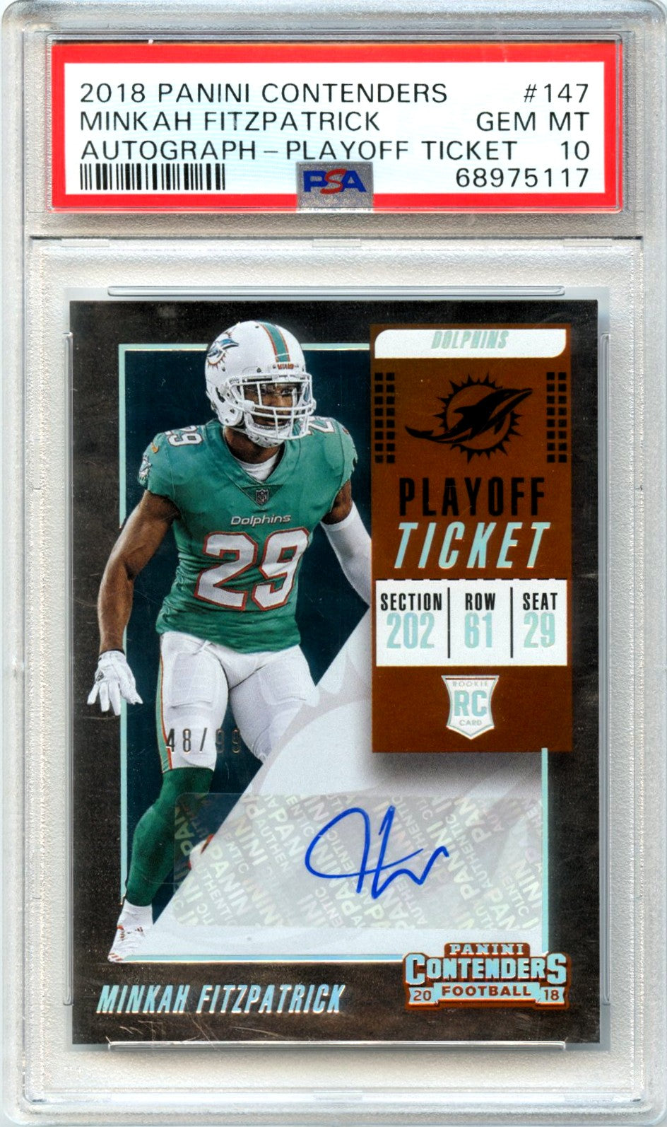 Minkah Fitzpatrick RC 2018 Panini Contenders Playoff Ticket Rookie Auto SP 48/99 PSA 10-1