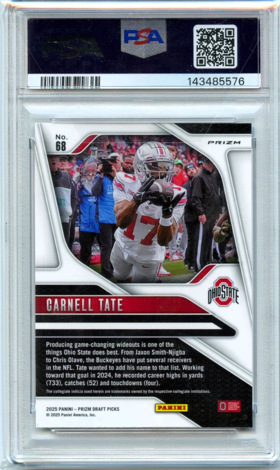 Carnell Tate RC 2025 Panini Prizm Draft Silver Rated Prospect Rookie #68 PSA 10
