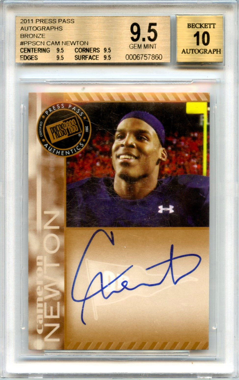 Cam Newton RC 2011 Press Pass Bronze Rookie Auto BGS 9.5