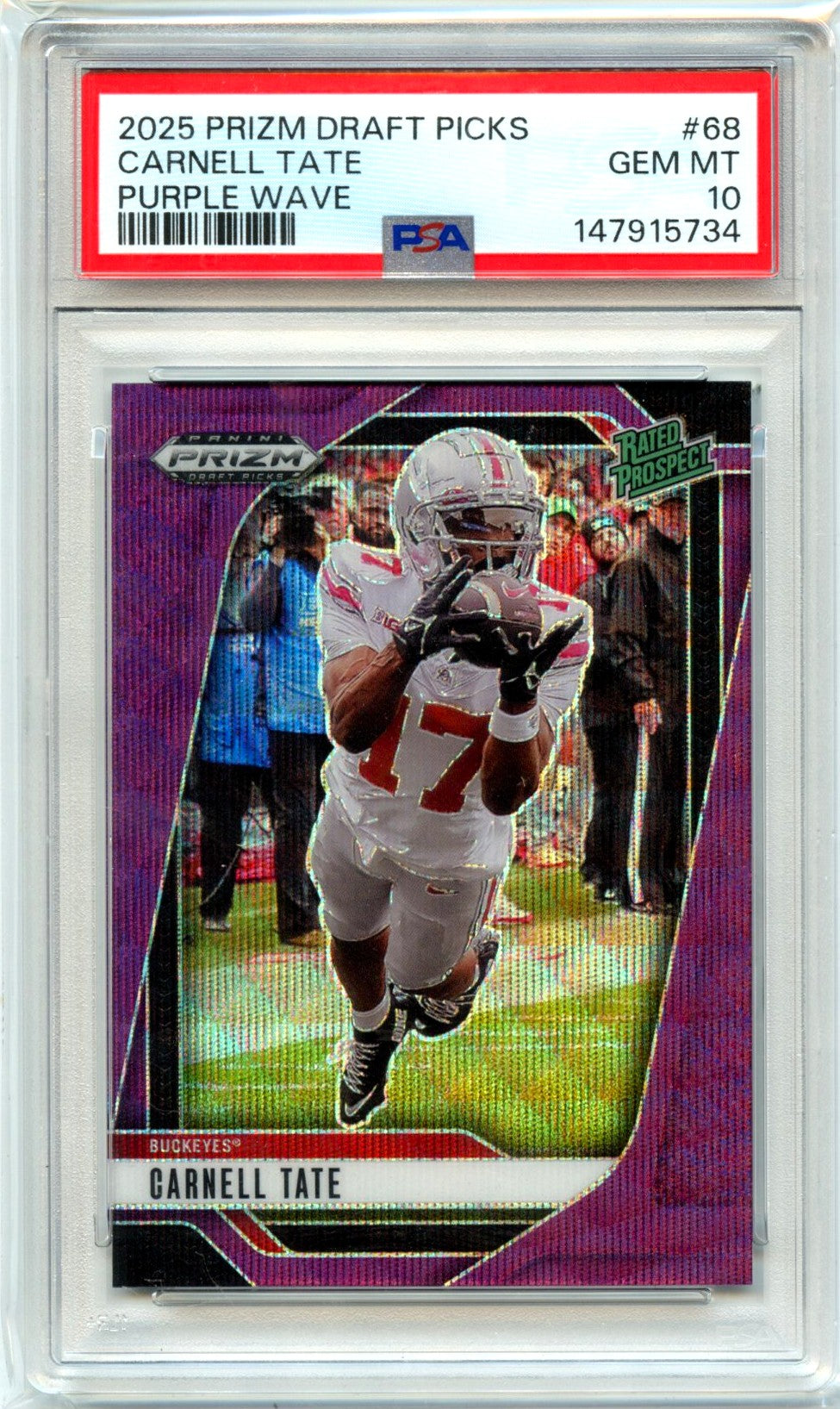 Carnell Tate RC 2025 Panini Prizm Draft Purple Wave Rated Prospect Rookie #68 PSA 10