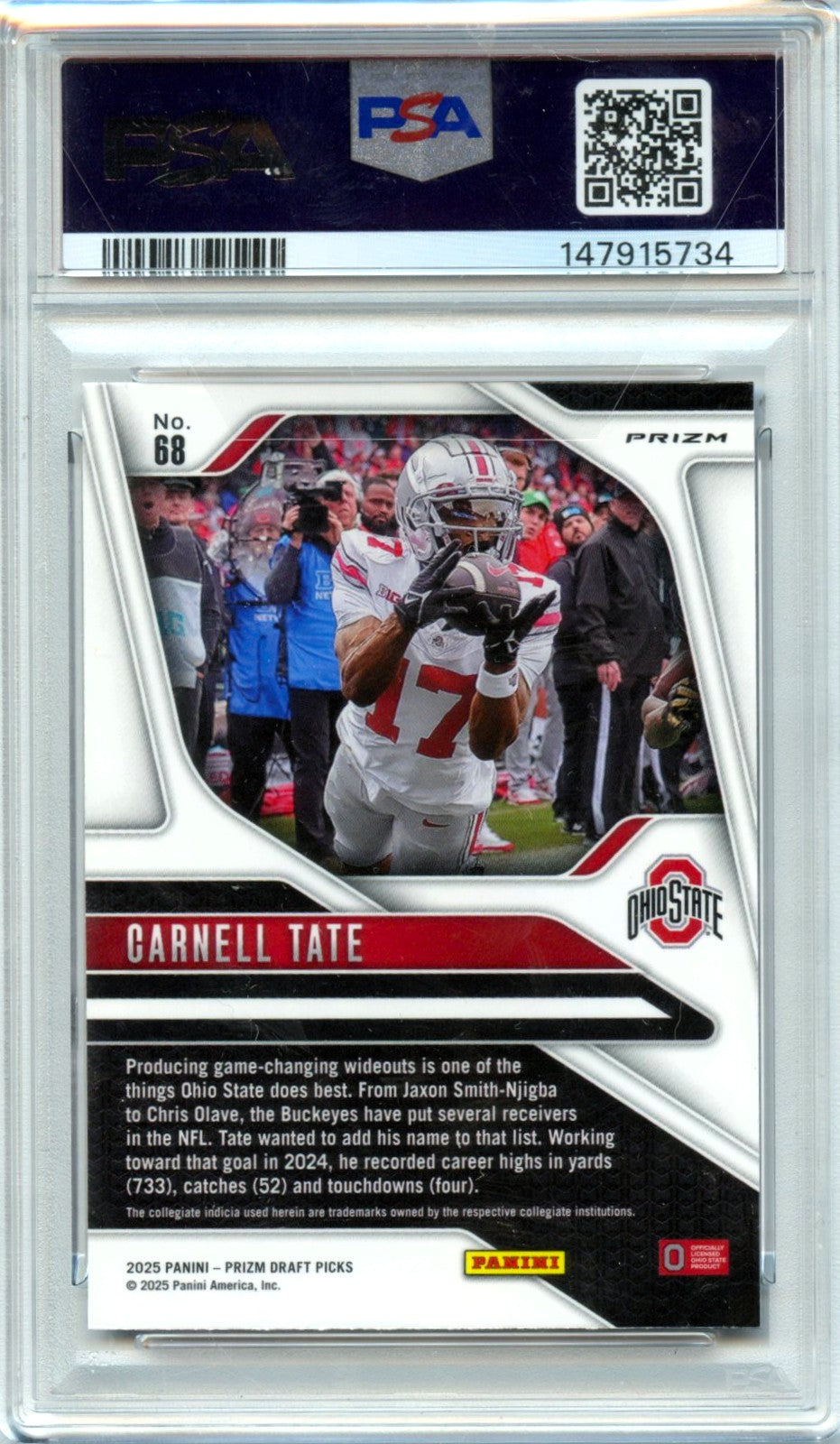 Carnell Tate RC 2025 Panini Prizm Draft Purple Wave Rated Prospect Rookie #68 PSA 10-2