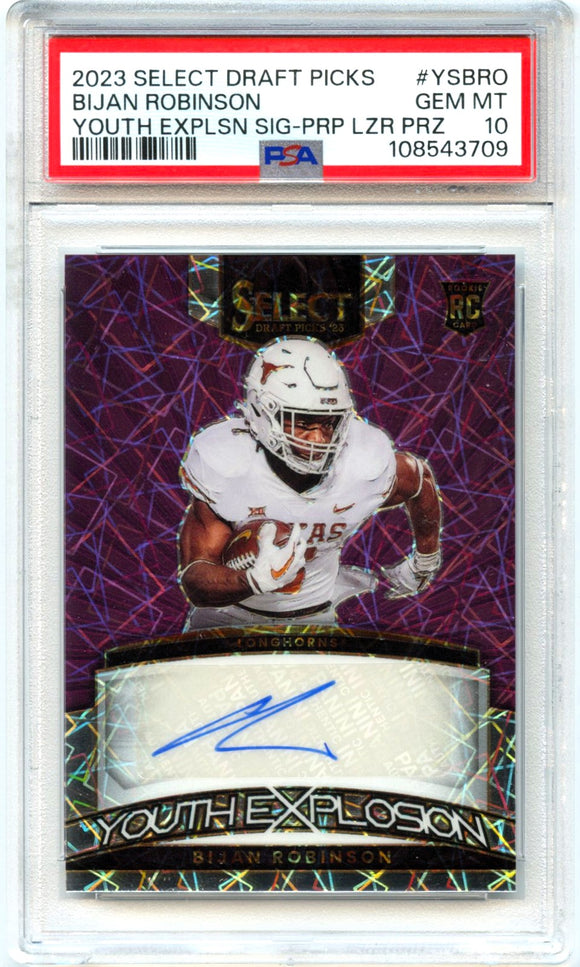 Product Bijan Robinson RC 2023 Panini Select Draft Purple Youth Explosion Rookie Auto Jersey # SP 5/25 PSA 10 Link