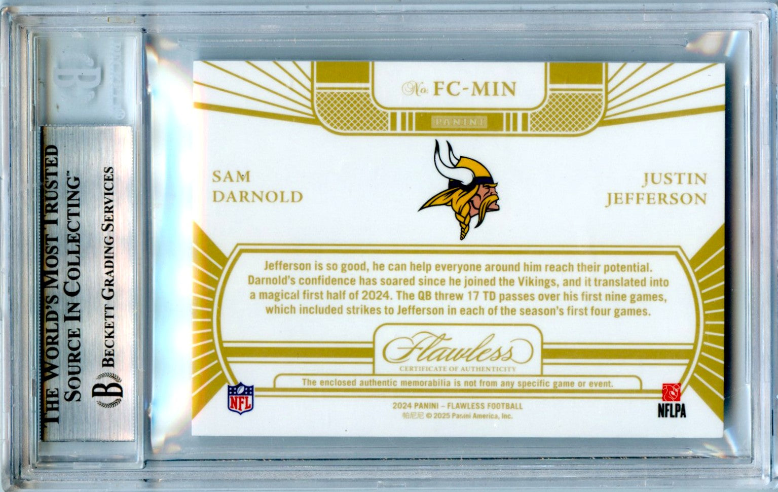 Sam Darnold Justin Jefferson 2024 Flawless Gold Connections Dual Patch SP 10/15 BGS 8.5-2