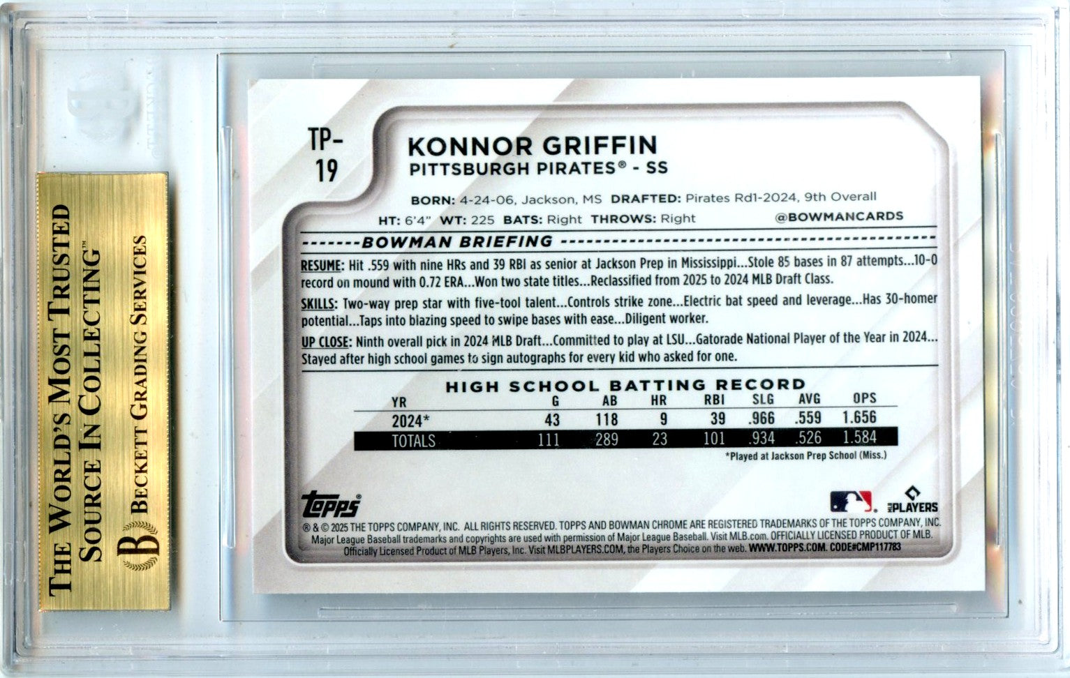 Konnor Griffin RC 2025 Bowman Chrome National Convention Prospect Rookie BGS 9.5-2