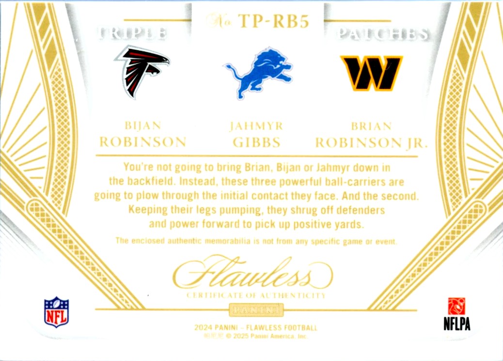 Bijan Robinson Jahmyr Gibbs Brian Robinson 2024 Flawless Gold Triple Patch SP 19/25-2
