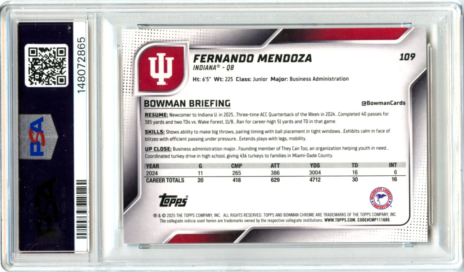 Fernando Mendoza RC 2025 Bowman U Chrome Xfractor Rookie #109 PSA 9-2