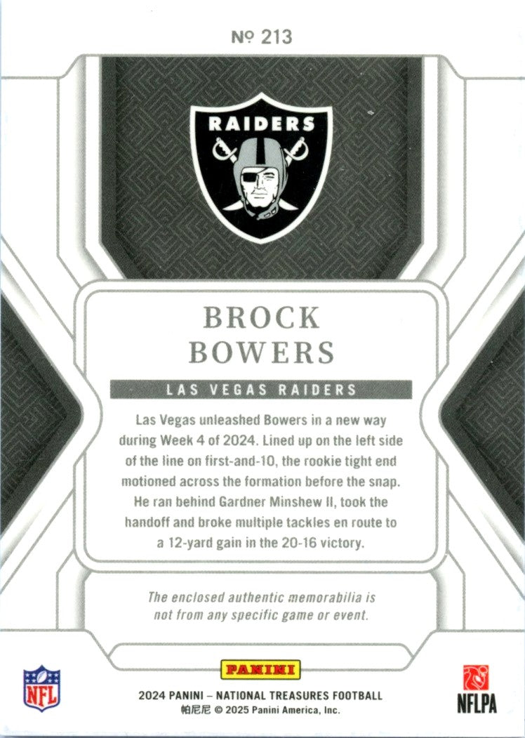 Brock Bowers RC 2024 National Treasures Silver Rookie Patch Auto SP 2/25-2