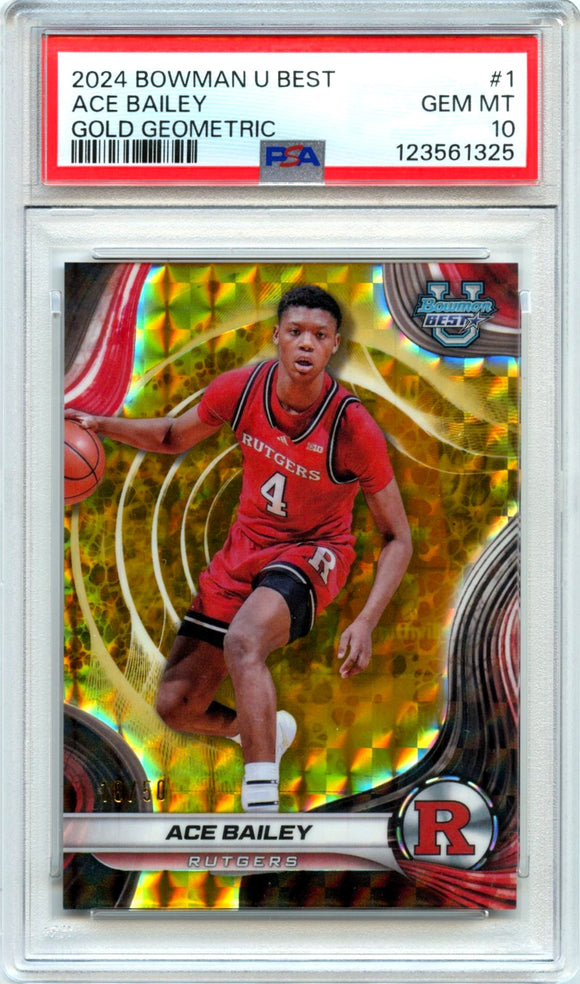 Product Ace Bailey RC 2024 Bowman University Best Gold Geometric Rookie SP 18/50 PSA 10 Link