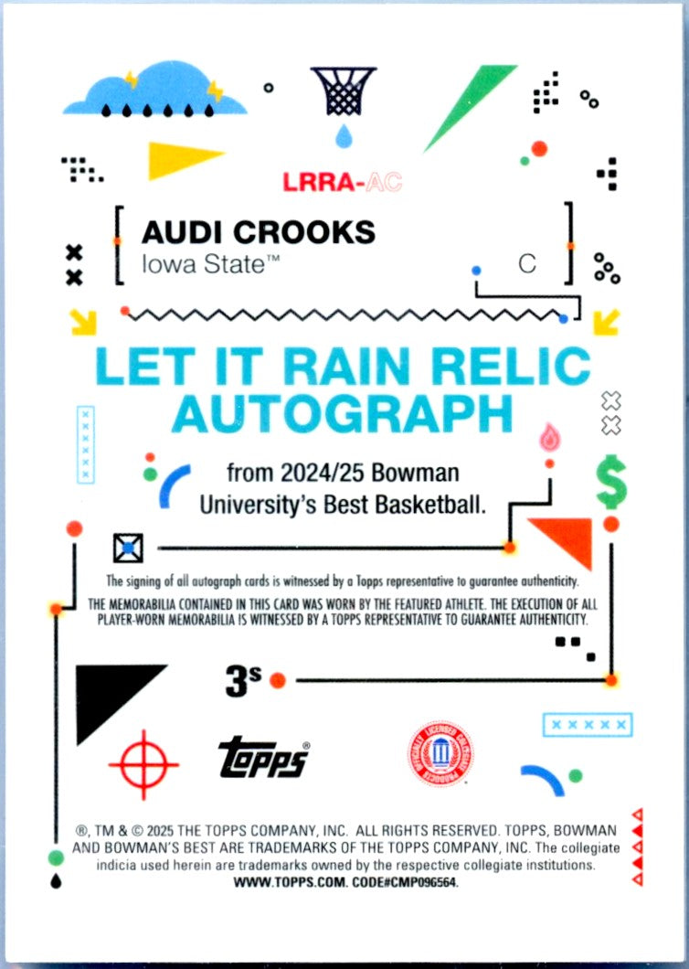Audi Crooks RC 2024 Bowman U Best Let It Rain Rookie Jersey Patch Auto-2