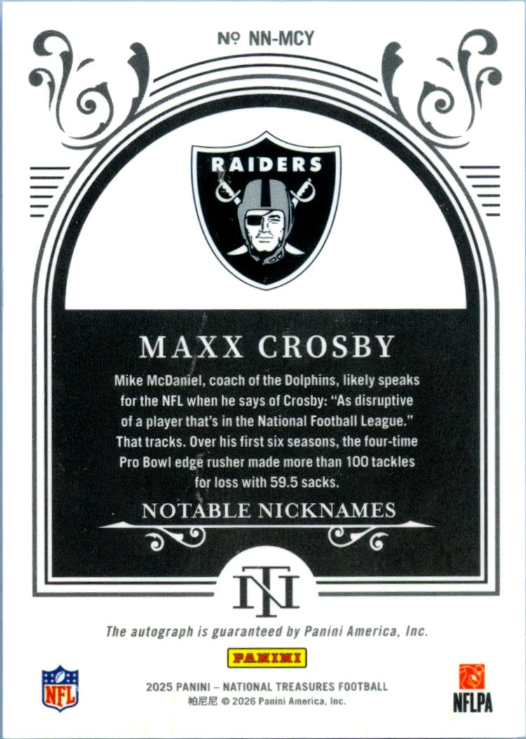 Maxx Crosby 2025 National Treasures Notable Nicknames Auto SP 2/25-2