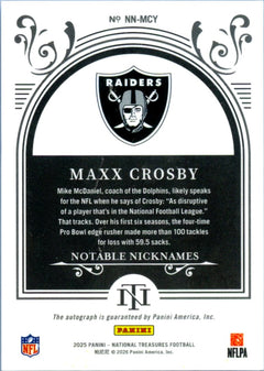 Maxx Crosby 2025 National Treasures Notable Nicknames Auto SP 2/25-2